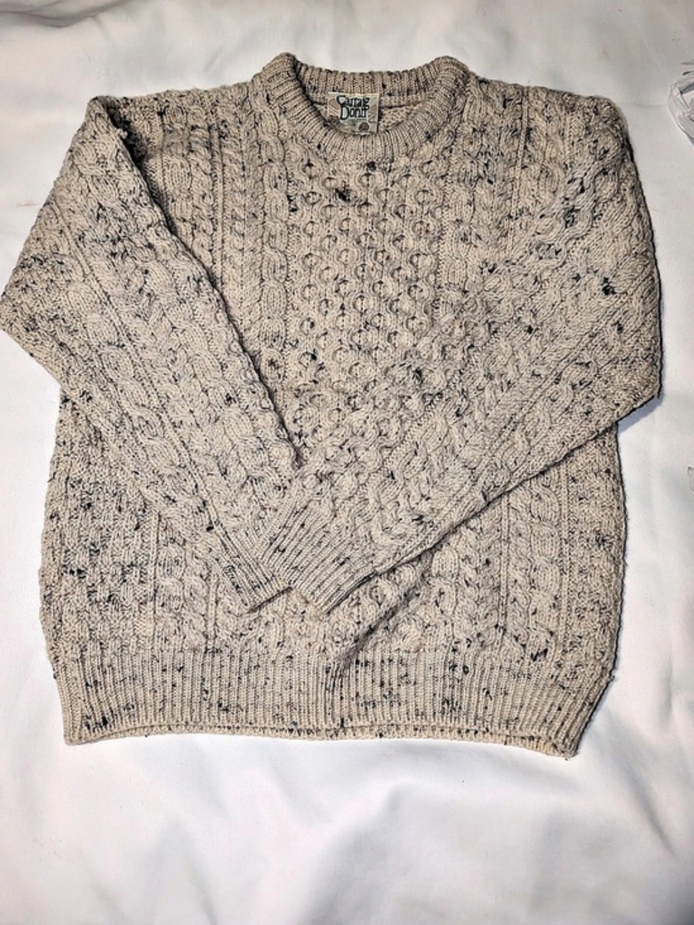 Genuine Donegal Cable Knit Wool Crewneck in Beige